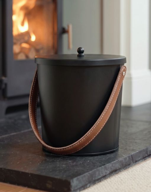 The 20cm Modern Black With Leather Handle Ash Bucket in Front of a Modern Fire Place - Digital Illustration 