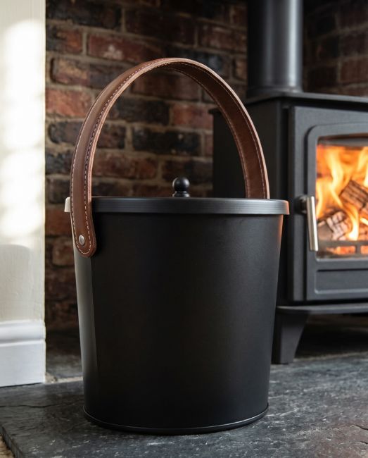 The 20cm Modern Black With Leather Handle Ash Bucket in Front of a Modern Fire Place - Digital Illustration The 20cm Modern Black With Leather Handle Ash Bucket in Front of a Modern Fire Place - Digital Illustration