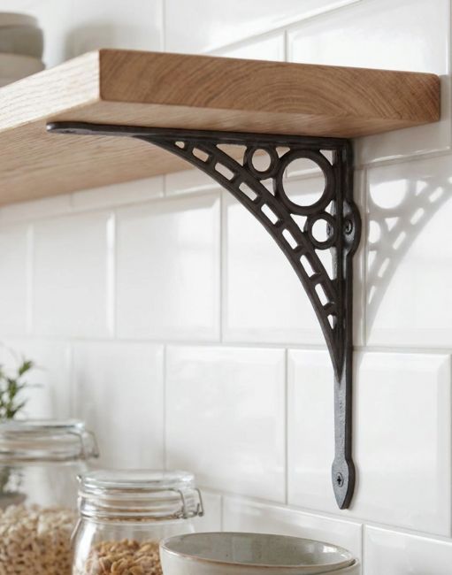 The 20cm x 22cm "Iron Bridge" Cast Iron Shelf Bracket Mounted on a Contemporary Interior Tiled Wall on a DIY Wooden Shelf - Digital Illustration
