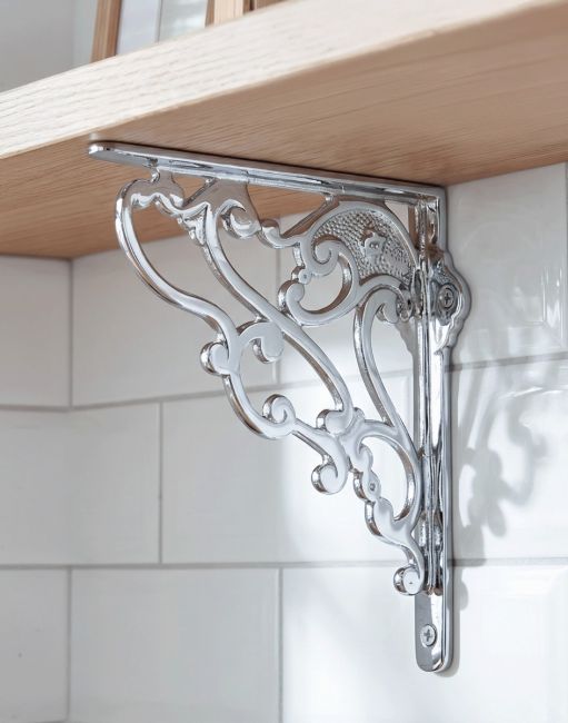 The 21 x 19cm "Art Nouveau" Polished Aluminium Shelf Bracket Mounted on a DIY Wooden Shelf in a Kitchen - Digital Illustration