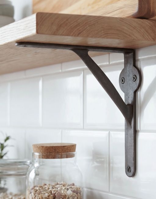 The 21cm x 21cm Stylish Cast Iron Gallows Bracket Mounted in a Tiled Kitchen on a DIY Wooden Shelf - Digital Illustration 