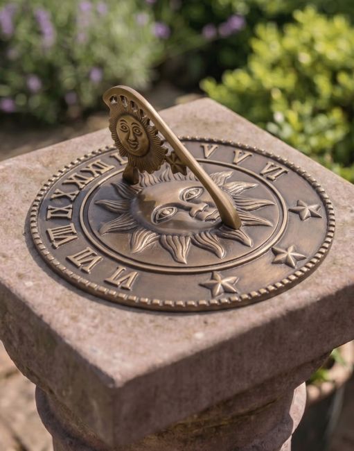 The 225mm Antique Brass "Sunshine & Starlight" Sundial Mounted on a Stone Garden Pillar in a Country Home - Digital Illustration The 225mm Antique Brass "Sunshine & Starlight" Sundial Mounted on a Stone Garden Pillar in a Country Home - Digital Illustration