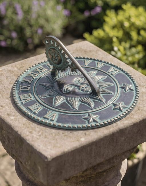 The 225mm Antique Verdigris "Jathara" Sundial Mounted on a Pillar in a Sunny Country Garden - Digital Illustration The 225mm Antique Verdigris "Jathara" Sundial Mounted on a Pillar in a Sunny Country Garden - Digital Illustration
