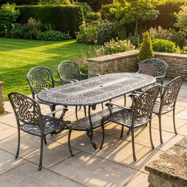 The "Acropolis" 6-Seater Dining Set - Antique Gold digital illustration The "Acropolis" 6-Seater Dining Set - Antique Gold digital illustration