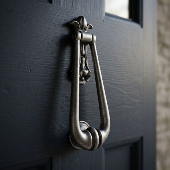 The "Addison Loop" Antique Pewter Door Knocker Shown on an Open Door to a Period Home - Digital Illustration The "Addison Loop" Antique Pewter Door Knocker Shown on an Open Door to a Period Home - Digital Illustration