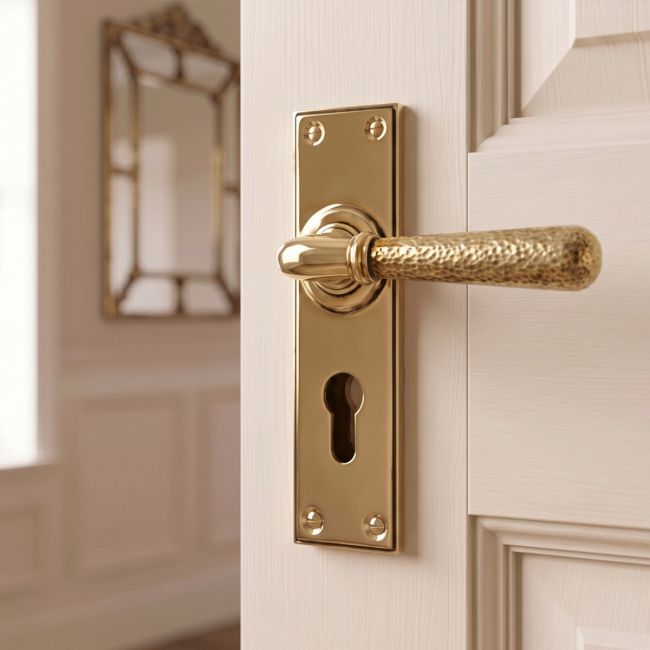 Hammered Aged Brass Lever Euro Door Handle