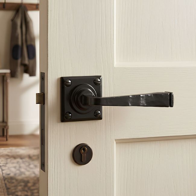 The "Airedale" Sprung Black Iron Door Handle Set in a Traditional Country Home Hallway - Digital Illustration