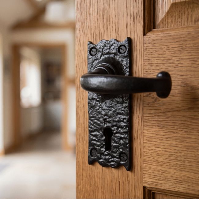 The "Aldrington" Small Cast Iron Blacksmith Door Handles on a timber Door in a Home Hallway - Digital Illustration