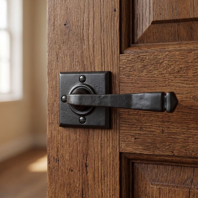 The "Arya" Unsprung Black Iron Door Handle Set on a Traditional Timber Door in a Stately Home - Digital Illustration
