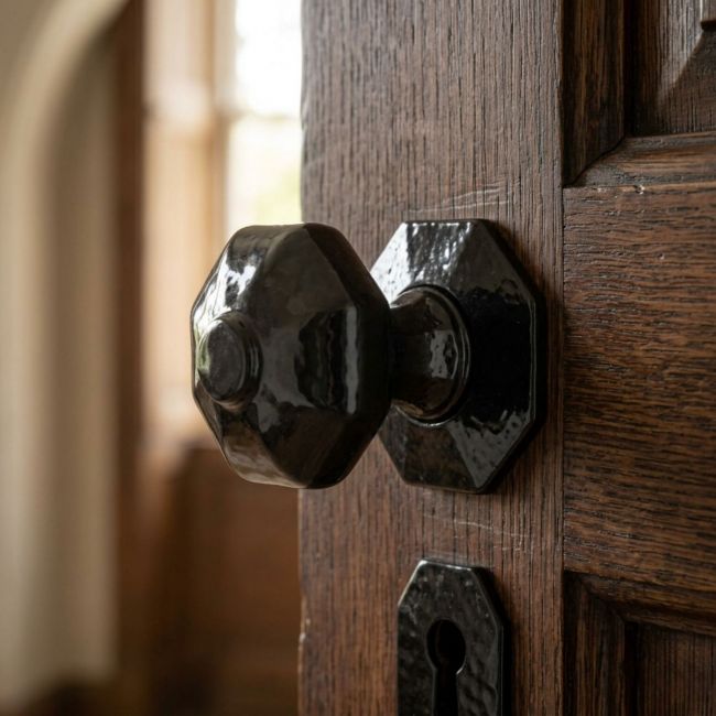 The "Audley" Black Octagonal Mortice or Rim Knob Set on a Dark Stained Wooden Door - Digital Illustration The "Audley" Black Octagonal Mortice or Rim Knob Set on a Dark Stained Wooden Door - Digital Illustration