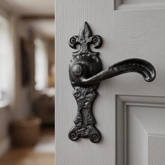 The "Bainbridge" Gothic Style Scroll effect Lever Handles With Keyhole on a Light Grey Door in a Home Hallway - Digital Illustration