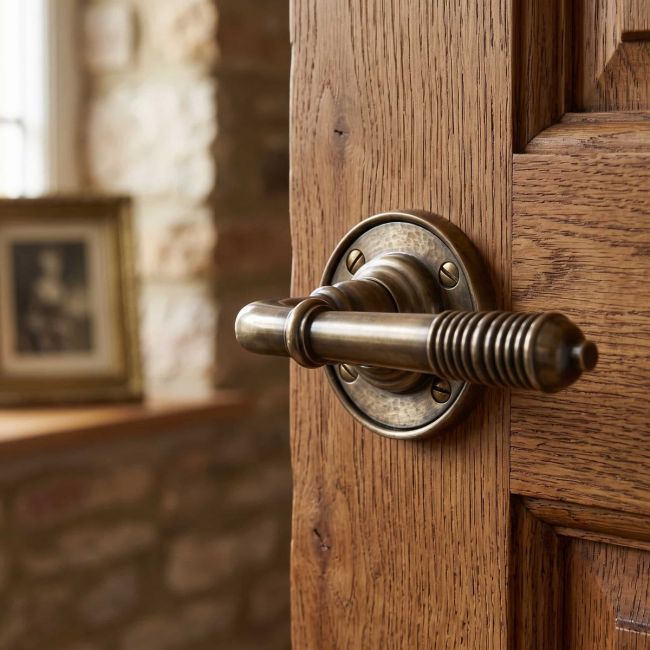 The "Balcroft" Antique Bronze Beehive Lever Handle Mounted on a Traditional Wooden Door - Digital Illustration The "Balcroft" Antique Bronze Beehive Lever Handle Mounted on a Traditional Wooden Door - Digital Illustration