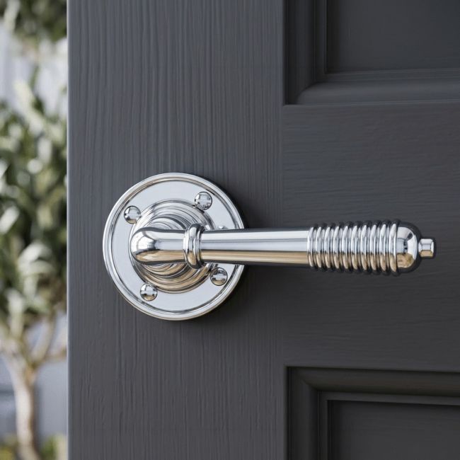 The "Balcroft" Polished Nickle Beehive Lever Handles on a Dark Grey Door in a Cosy Modern Home - Digital Illustration