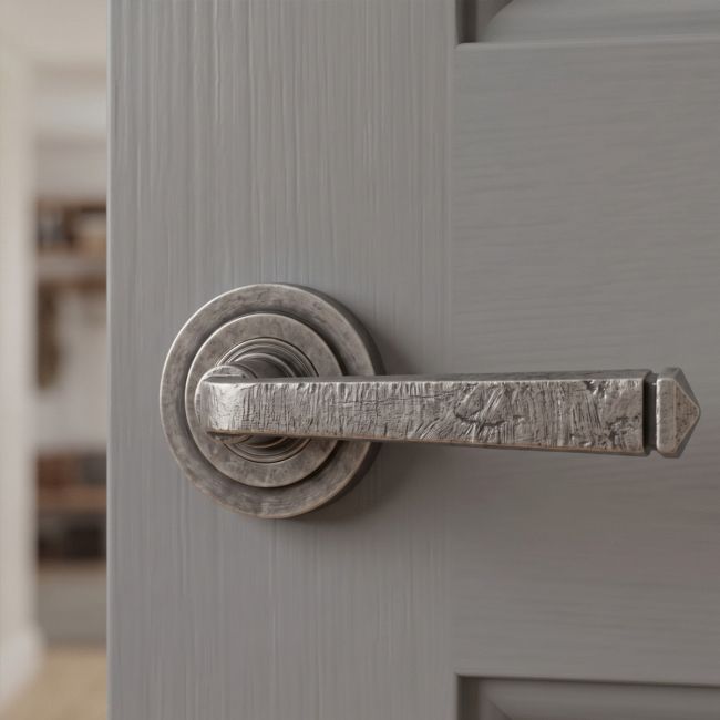 Square Pewter Lever Door Handle on Rose