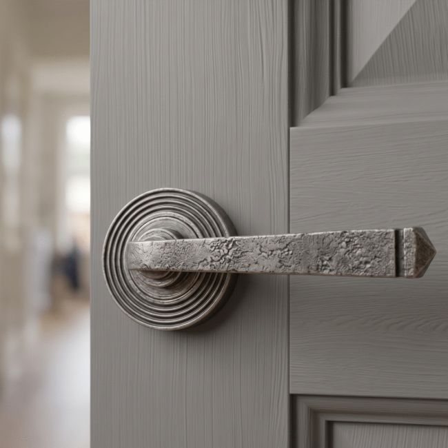 Pewter Round Lever Door Handle on Beehive Rose