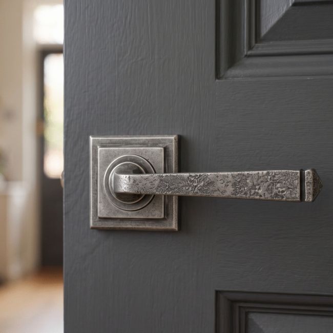 Pewter Round Lever Door Handle on Square Rose