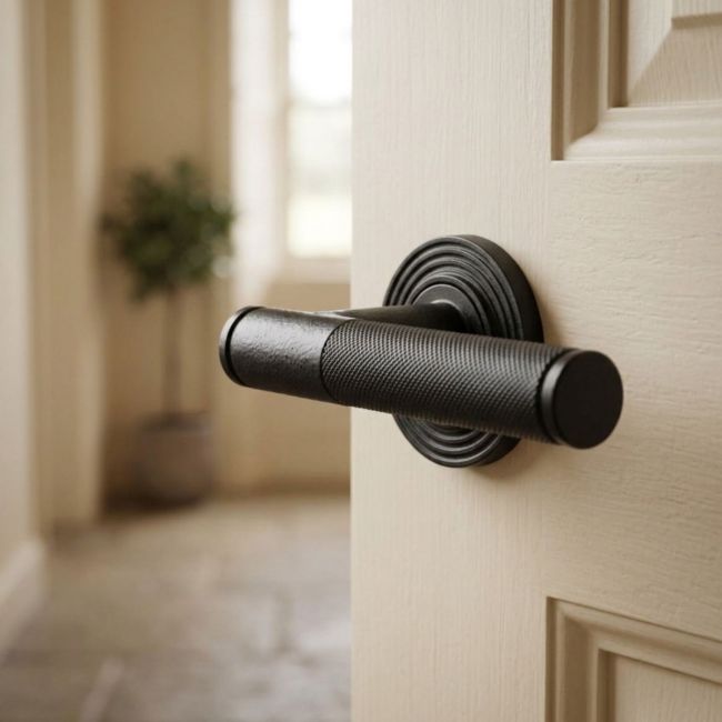 Matte Black Textured Unsprung Lever Door Handle on Beehive Rose Front