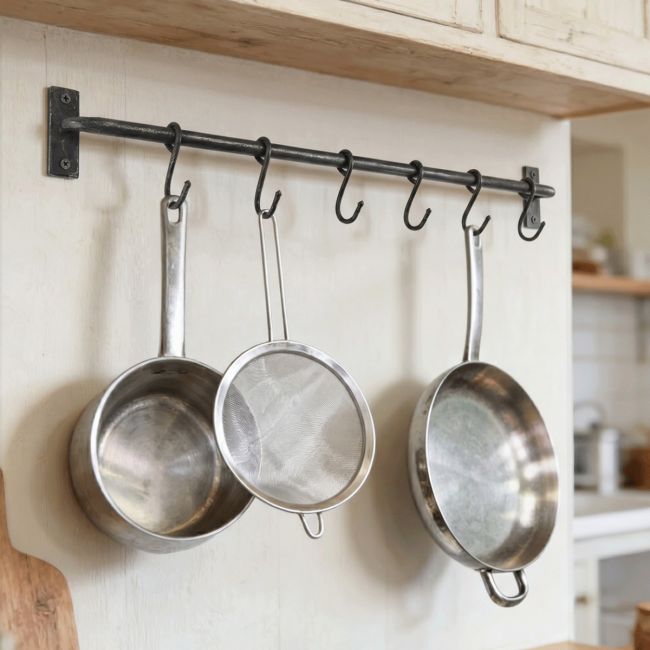 The "Brenton Bridge" Hook Rail in a Traditional Cream Kitchen with Utensils Hanging from the Hooks - Digital Illustration 