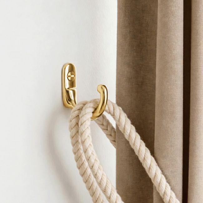 The "Castleford" Curtain Tie Back Hook Mounted on a White Interior Wall Holding a Curtain Back - Digital Illustration The "Castleford" Curtain Tie Back Hook Mounted on a White Interior Wall Holding a Curtain Back - Digital Illustration