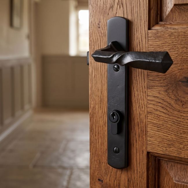 The "Celtic" Black Narrow Lever Handles With Twisted Handle on a Timber Door in a Cosy Cottage Hallway - Digital Illustration