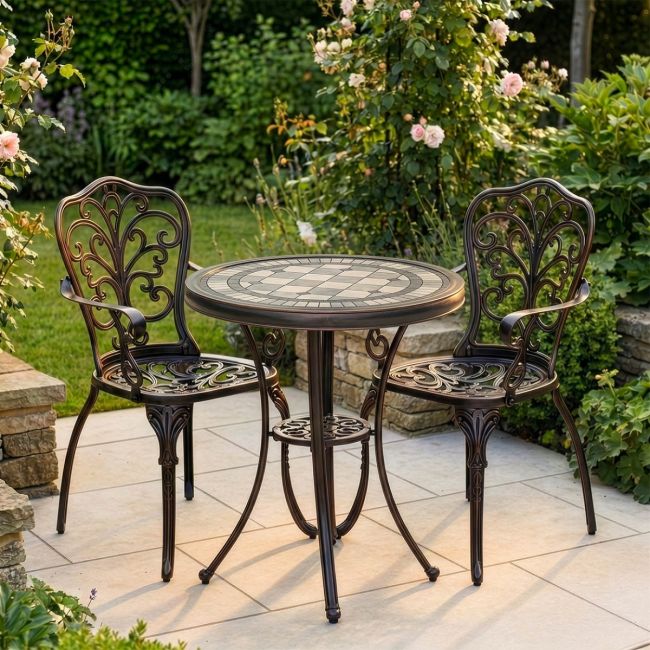 The "Charlotte" 2-Seater Outdoor Mosaic Bistro Set - Antique Bronze Digital Illustration The "Charlotte" 2-Seater Outdoor Mosaic Bistro Set - Antique Bronze Digital Illustration