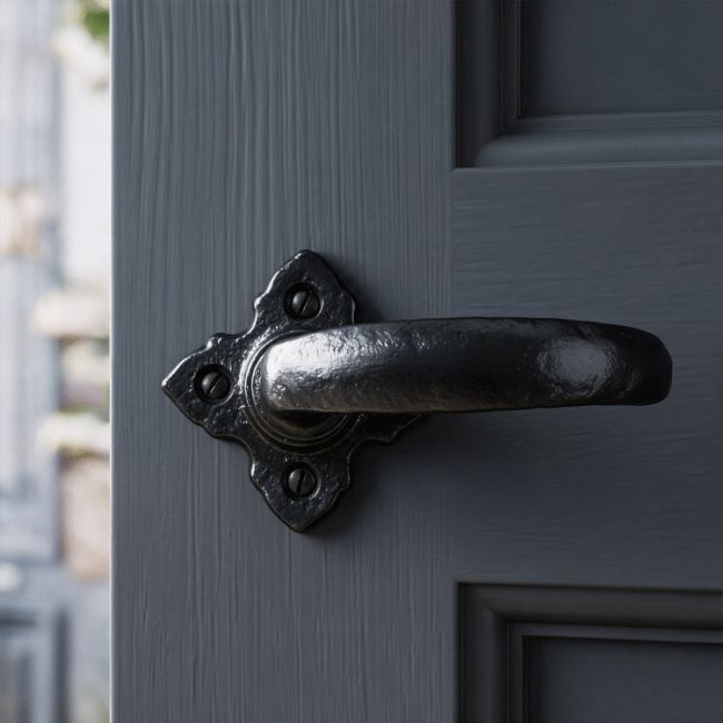 The "Chatsworth" Arched Lever Door Handles on a Dark Blue Door in a Modern Home - Digital Illustration 