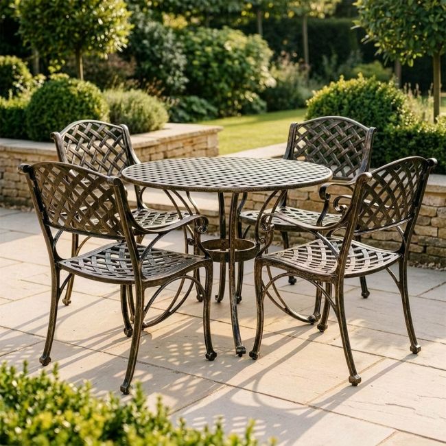 The "Chigwell" Circular 4-Seater Garden Dining Set - Brushed Gold Digital Illustration