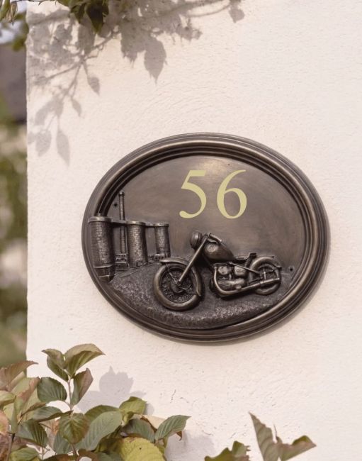 A Number 56 "Chopper" Classic Motorbike House Sign Mounted on a Sunny Cottage Wall - Digital Illustration 
