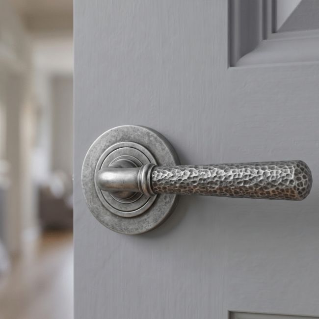 Pewter Hammered Lever Door Handle on Rose