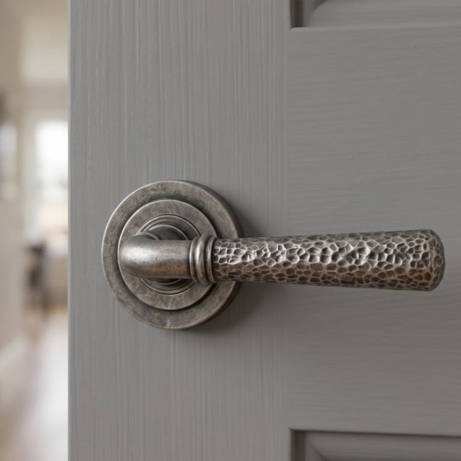 Pewter Hammered Lever Door Handle on Rose