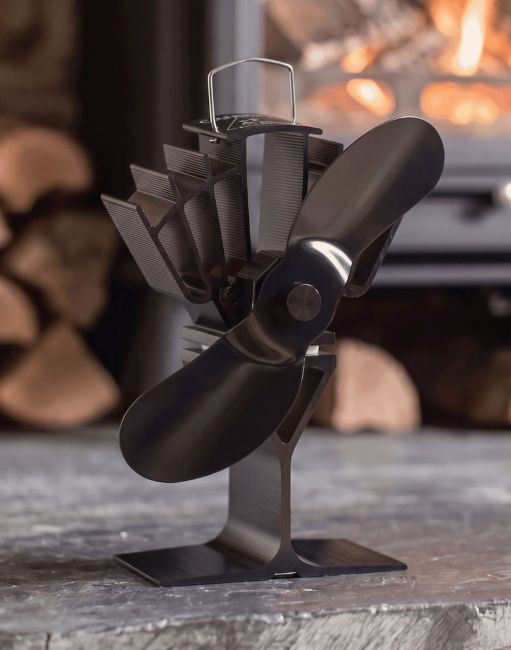 The 22cm Black "UltrAir" Eco Wood Stove Fan in Front of a Burning Log Fire Stove - Digital Illustration The 22cm Black "UltrAir" Eco Wood Stove Fan in Front of a Burning Log Fire Stove - Digital Illustration