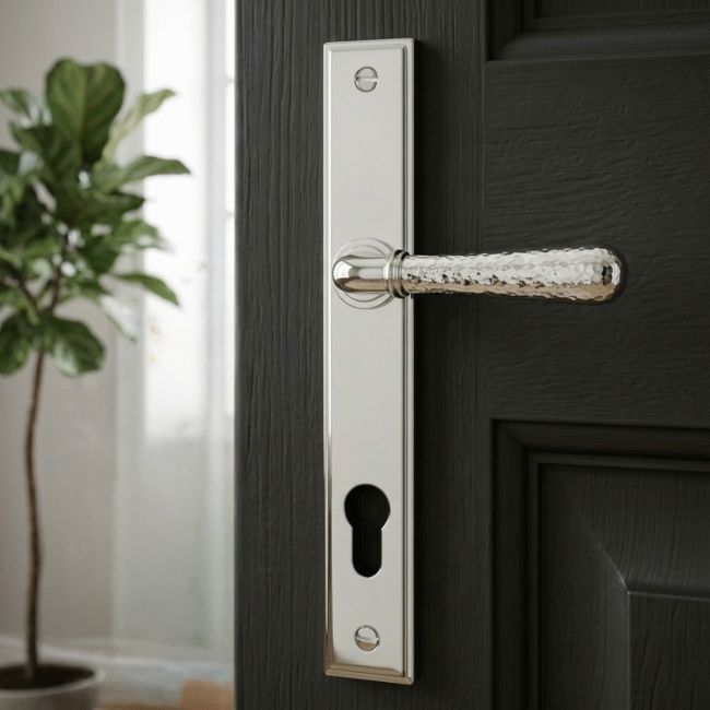 Bright Chrome Hammered Slimline Lever Door Handle Front