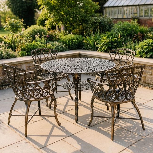 The "Edworth Manor" 4-Seater Outdoor Dining Set - Brushed Gold Digital Illustration