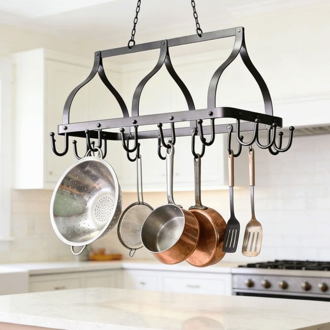 The "Ellesmere" Hanging Saucepan Rack in a Modern Kitchen Above a Kitchen Island - Digital Illustration The "Ellesmere" Hanging Saucepan Rack in a Modern Kitchen Above a Kitchen Island - Digital Illustration
