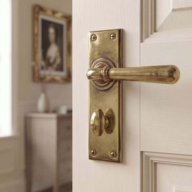 The "Emerson" Antique Brass Sprung Lever Door Handles With Bathroom Lock on the Door of an Ensuite - Digital Illustration