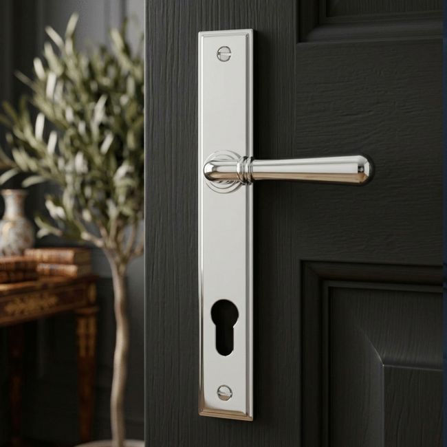 The "Emerson" Bright Chrome Slim Door Handles on a Modern Black Timber Door - Digital Illustration