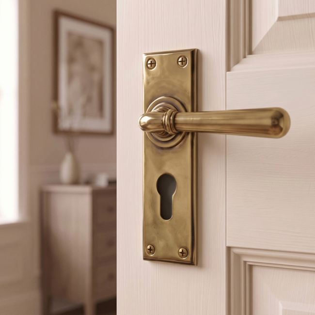 The "Emerson" Euro Keyhole Aged Brass Lever Handles in a Modern Home on a White Door - Digital Illustration 