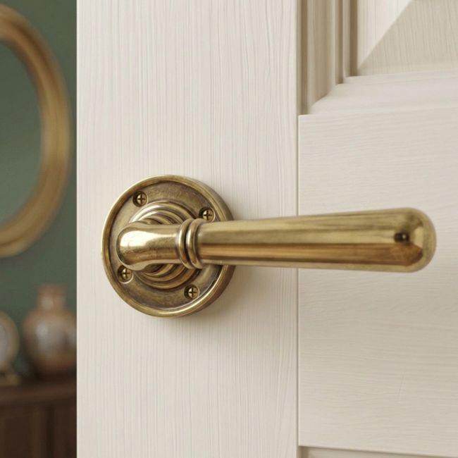 The "Emerson" Traditional Antique Brass Lever Door Handle on a White Timber Door in a Country Home - Digital Illustration