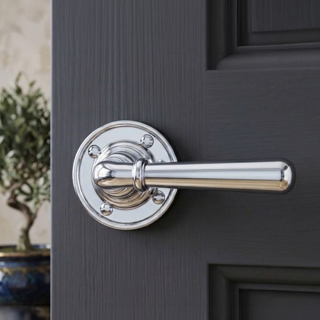 The "Emerson" Traditional Bright Chrome Door Handle in a Modern Home on a Grey Door - Digital Illustration