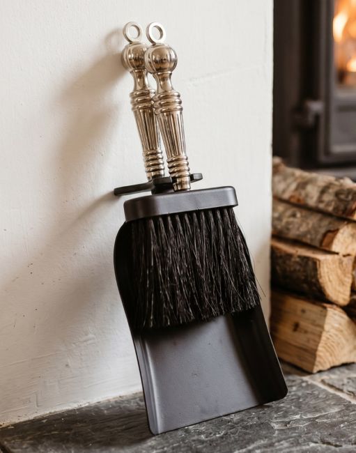 "Farnhamford" Nickel and Black Iron Pan and Brush Set in Situ Next to the Fireplace "Farnhamford" Nickel and Black Iron Pan and Brush Set in Situ Next to the Fireplace