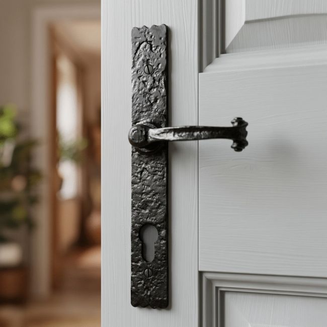 The "Farrington" Long Profile Cast Iron Lever Handle With Key Hole on a Light Grey Door in a Sunny Home - Digital Illustration