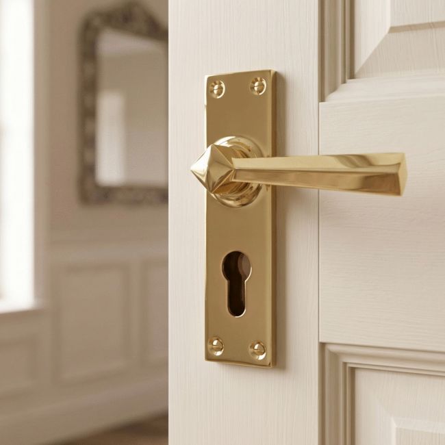 Polished Brass Lever Euro Door Handle Front