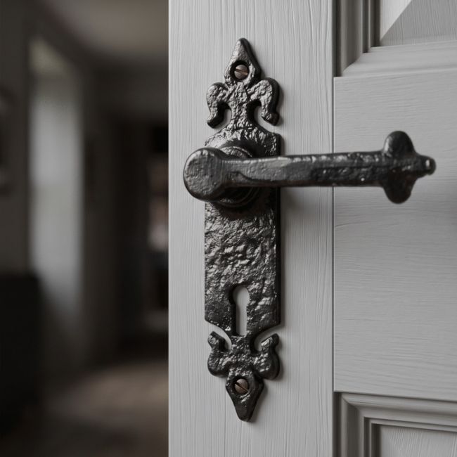 The "Fortdale" Gothic Style Black Iron Door Handles With Keyhole Mounted on a Grey Door in a Home Corridor - Digital Illustration