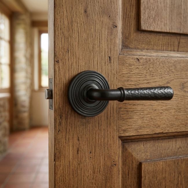 Black Hammered Lever Door Handle on Beehive Rose Black Hammered Lever Door Handle on Beehive Rose