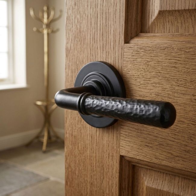 Black Hammered Lever Door Handle on Rose Black Hammered Lever Door Handle on Rose