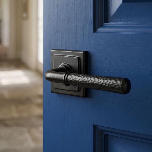 Black Hammered Lever Door Handle on Square Rose Black Hammered Lever Door Handle on Square Rose