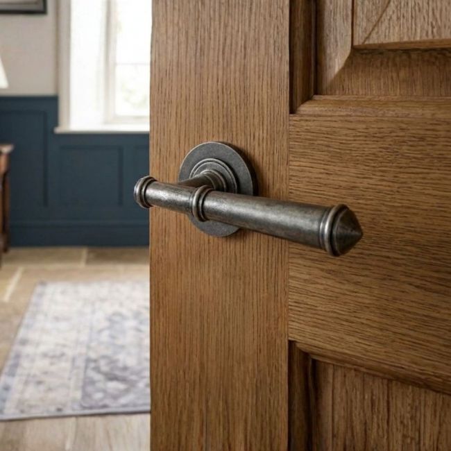 Antique Pewter Unsprung Lever Door Handle on Rose Front Antique Pewter Unsprung Lever Door Handle on Rose Front