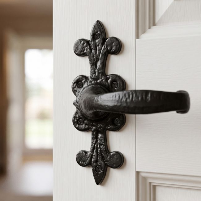 The "Harrington Keep" Traditional Fleur de Lys Lever Handle Shown Close up on a White Timber Door - Digital Illustration 