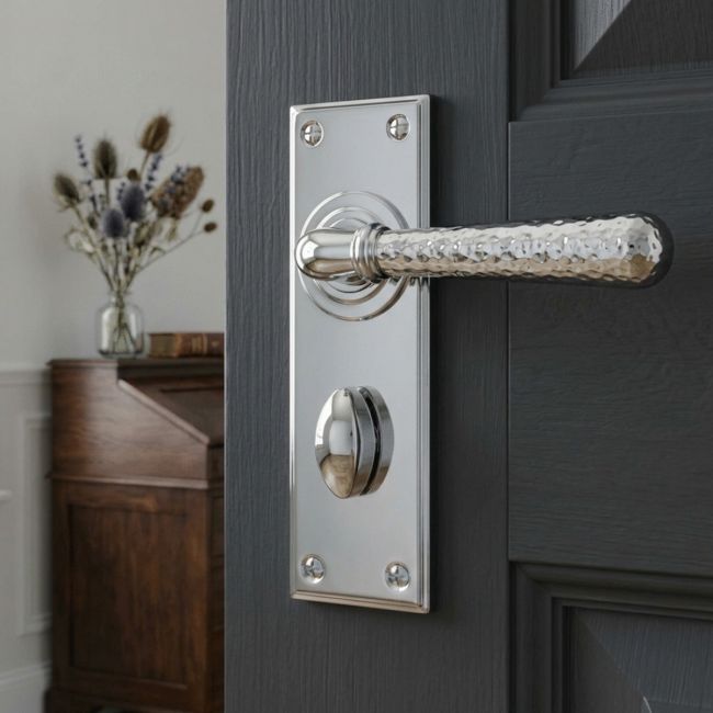 Hammered Bright Chrome Lever Bathroom Door Handle
