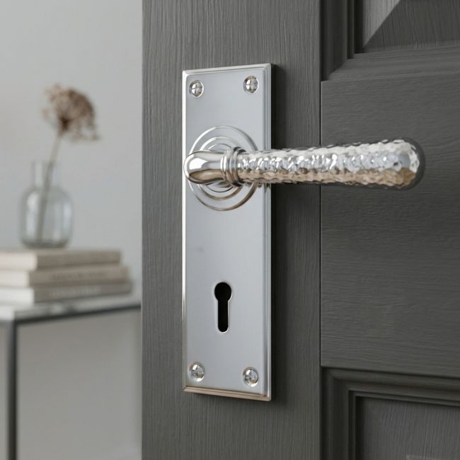 Hammered Bright Chrome Lever Lock Door Handle